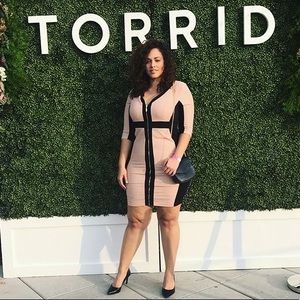 Pink/Gold/Black Melrose midi dress.